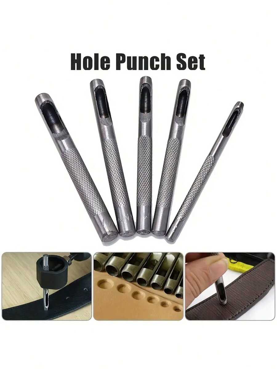 5pcs (3mm+4mm+5mm+6mm+8mm) Metal Manual Punch, Silver Tone Round Hole Design Leather Hole Punch