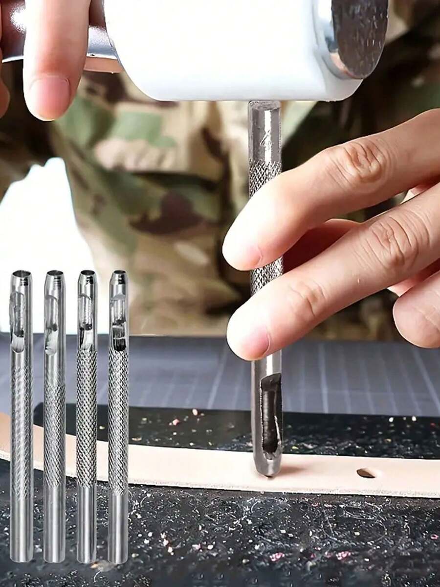 5pcs (3mm+4mm+5mm+6mm+8mm) Metal Manual Punch, Silver Tone Round Hole Design Leather Hole Punch