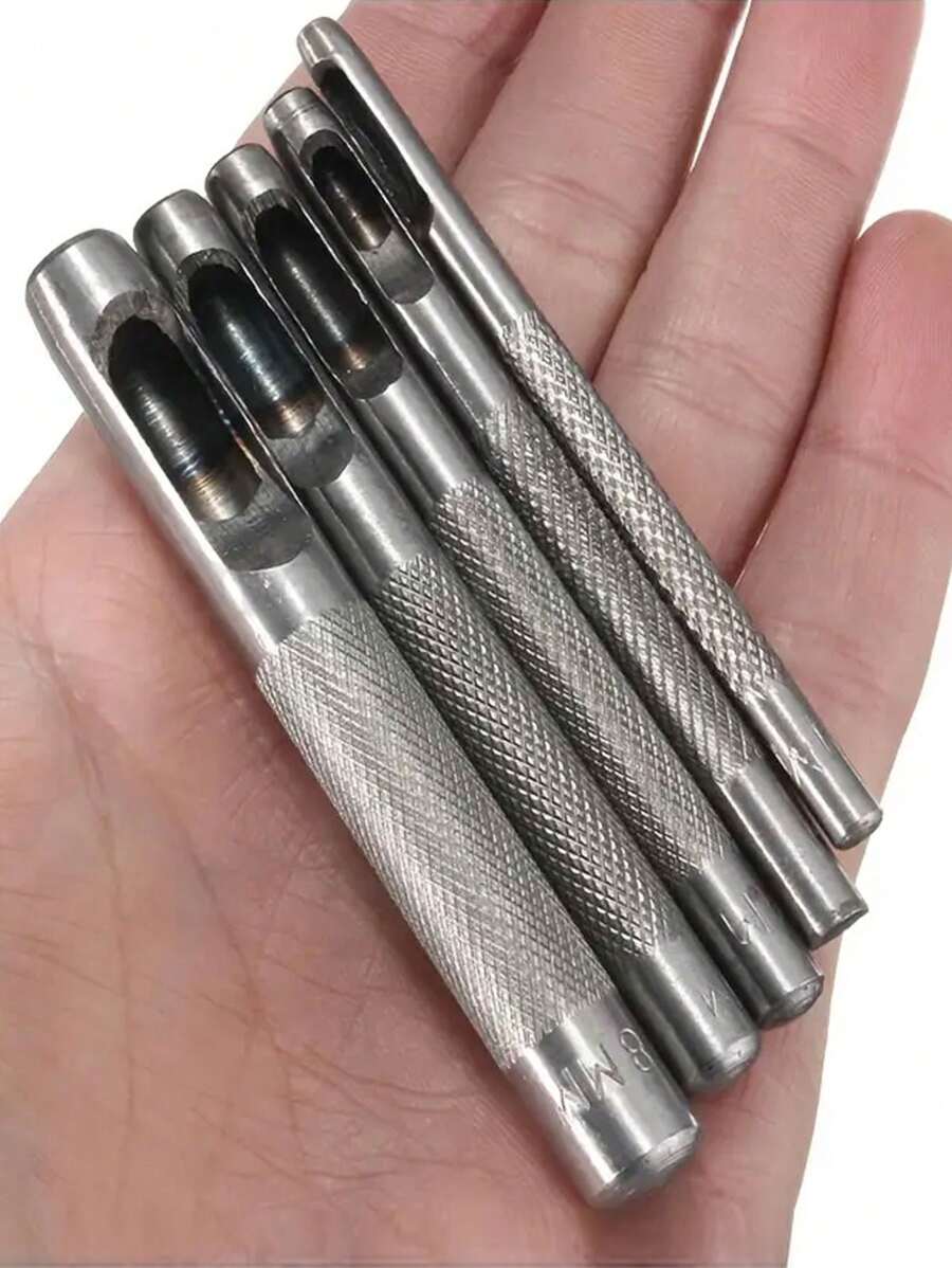 5pcs (3mm+4mm+5mm+6mm+8mm) Metal Manual Punch, Silver Tone Round Hole Design Leather Hole Punch