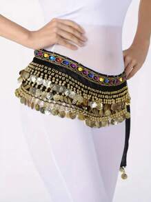 1pc Ladies' Belly Dance Waist Chain, Dance Costume Accessories, Three Layers Velvet Coin Belt, Hip Scarf, Festival And Performance Wear Boho Halloween Summer, School Fall, Autumn, Halloween - Multicolor - View 2