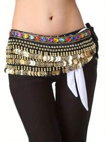 1pc Ladies' Belly Dance Waist Chain, Dance Costume Accessories, Three Layers Velvet Coin Belt, Hip Scarf, Festival And Performance Wear Boho Halloween Summer, School Fall, Autumn, Halloween - Multicolor - View 1
