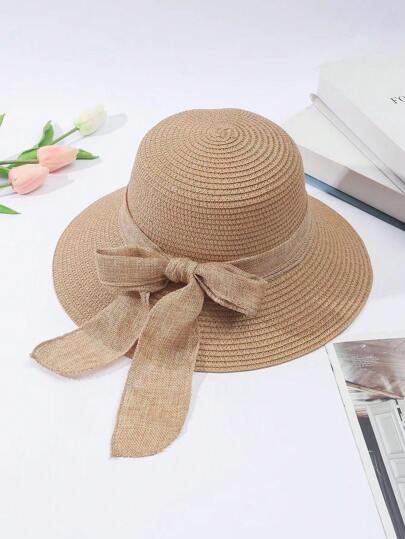 1pc Women's Straw Hat With Linen Ribbon Decoration And Brim Design, Ideal For Daily Wear, Travel, Beach, Etc. Foldable And Easy To Carry, Various Colors Optional Boho Bow