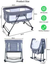 UBRAVOO Grab-And-Go Travel Cot, Baby Crib With Mattress I Silent Wheels, Baby Bedside Crib | Rocking Crib Convertible - Grey-Bravo Comfort Pack - View 7