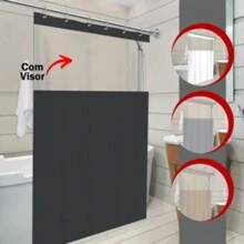 Cortina Box Banheiro Com Visor Lisa Antimofo C/ Gancho Cores - Preto - Visão 2