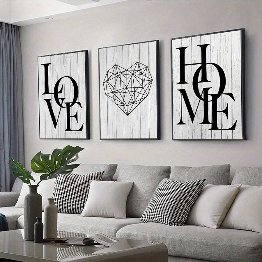 3 cái/bộ Nhà  Love Áp phích , Đen Và Trắng tranh sơn dầu Bức tranh , trang trí In tường , Tranh treo tường Đối với Phòng khách Bắc Âu Đồ trang trí Nhà  Nghệ thuật , Không có - Đen và trắng - Xem 1