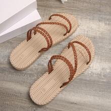 Thời trang mùa hè, đa năng, thoải mái, nhẹ, mũi tròn, phẳng, dây dệt, dép nữ thể thao thông thường - màu nâu - Xem 5