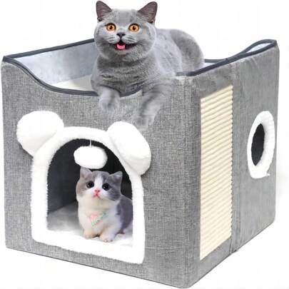 Gato Casa Y Cama  Plegable Para Interiores Cats Cube House, Camas De,Camas para gatos de interior, bola esponjosa para colgar y almohadilla para rascar