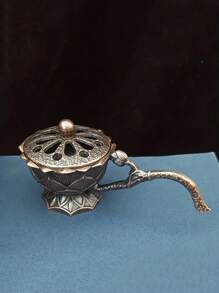 1pc Lotus Shaped Metal Incense Burner With Handle & Incense Holder - Bronze - View 2