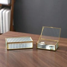 Metallic Edging Striped Flower Shaped Glass Jewelry Box Storage Organizer Home Decor Back To School