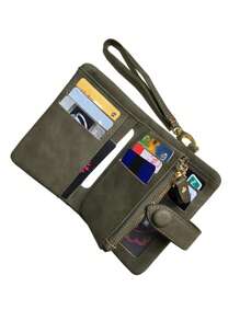 MIYIN 带纽扣装饰的紧凑型对折钱包，带身份证窗口的迷你零钱包，纤薄轻巧的多层便携式现金和卡片夹，现代商务周年纪念日情人节生日礼物，男女皆宜，绿色商务休闲皮革钱包 - 軍綠色 - 查看 7