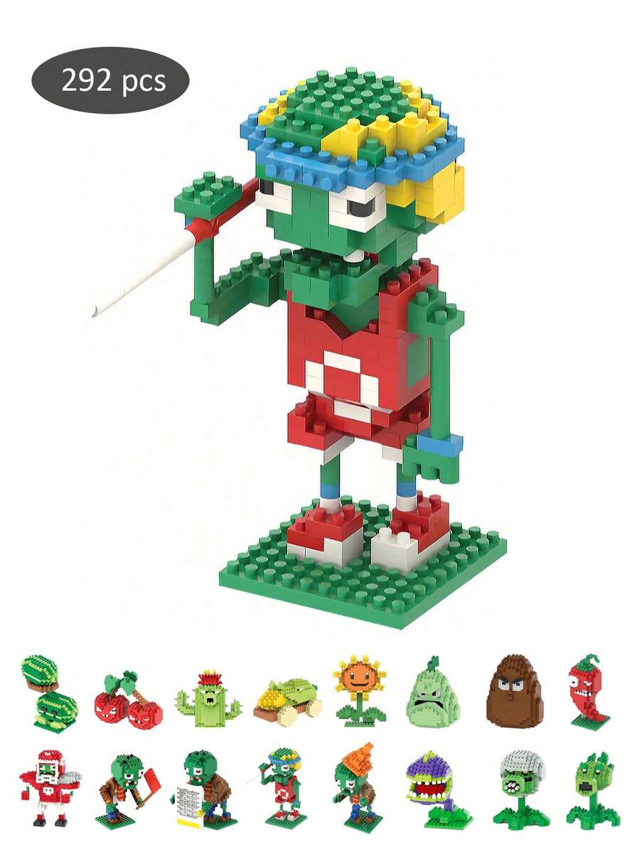 1入組292pcs微粒abs材料3d組裝積木玩具,卡通版植物大戰主題,節日、生日禮物或收藏飾品皆相宜