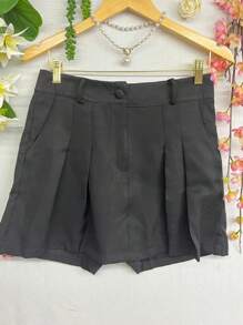 Moda botão zíper simples casual saia curta alfaiataria para mulher - Preto - Visão 1