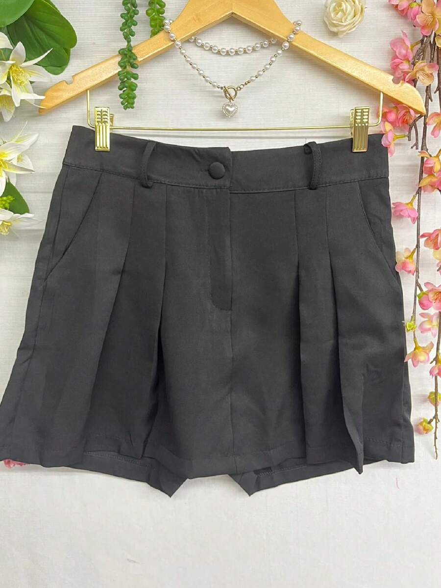 Moda botão zíper simples casual saia curta alfaiataria para mulher - Preto - Visão 1