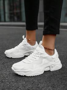 Women's Comfortable Chunky Sneakers, Breathable Running Shoes, Lightweight Soft Bottom Casual Shoes, Round Toe Lace-Up Low-Top Shoes For Travel, Size 43-45 - White - View 3
