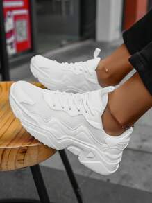 Women's Comfortable Chunky Sneakers, Breathable Running Shoes, Lightweight Soft Bottom Casual Shoes, Round Toe Lace-Up Low-Top Shoes For Travel, Size 43-45 - White - View 7