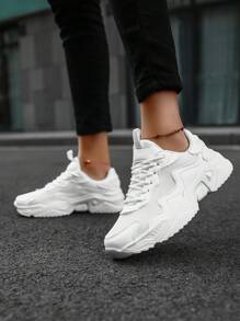 Women's Comfortable Chunky Sneakers, Breathable Running Shoes, Lightweight Soft Bottom Casual Shoes, Round Toe Lace-Up Low-Top Shoes For Travel, Size 43-45 - White - View 4