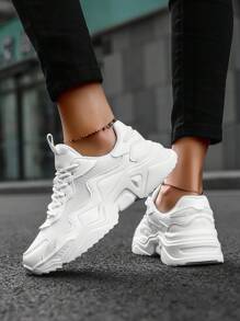 Women's Comfortable Chunky Sneakers, Breathable Running Shoes, Lightweight Soft Bottom Casual Shoes, Round Toe Lace-Up Low-Top Shoes For Travel, Size 43-45 - White - View 6