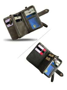 MIYIN 带纽扣装饰的紧凑型对折钱包，带身份证窗口的迷你零钱包，纤薄轻巧的多层便携式现金和卡片夹，现代商务周年纪念日情人节生日礼物，男女皆宜，绿色商务休闲皮革钱包 - 軍綠色 - 查看 11