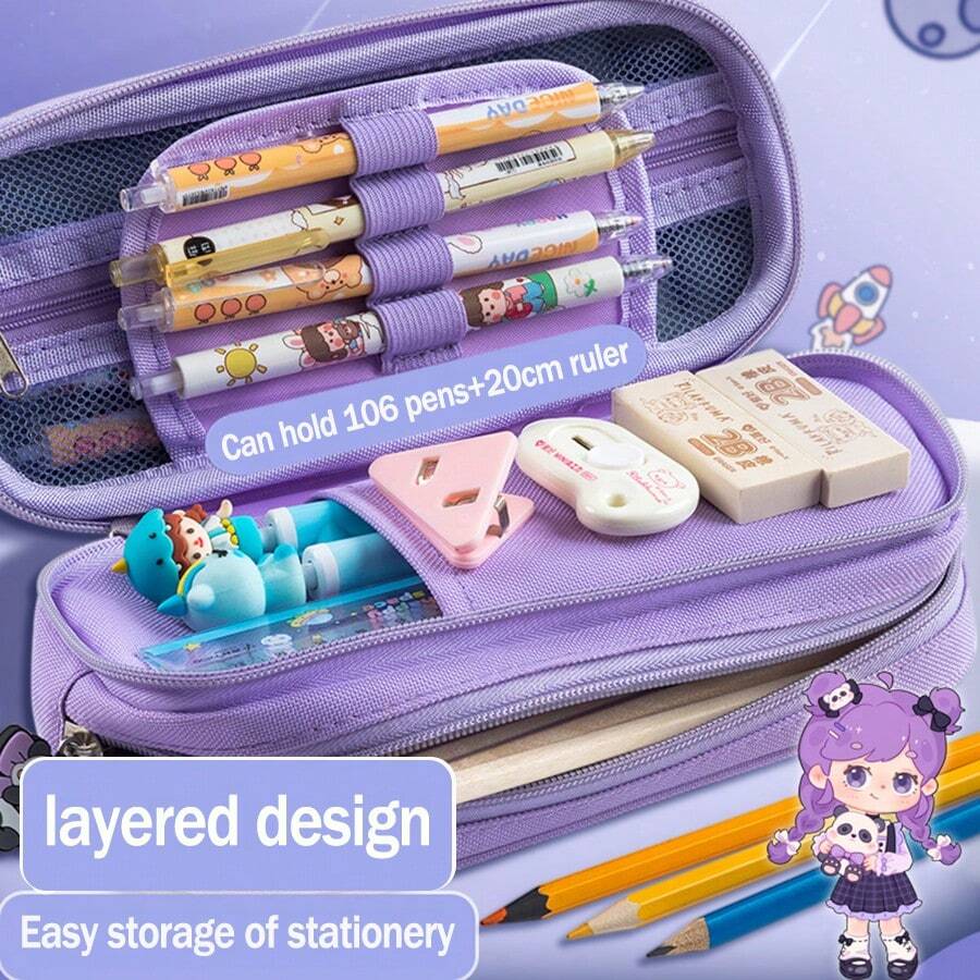 1個新款可愛的3d鉛筆盒,雙層大容量筆袋,適用於學生、女孩流行文具盒,可以存放106支筆和20cm的直尺 - 藍色 - 查看 1