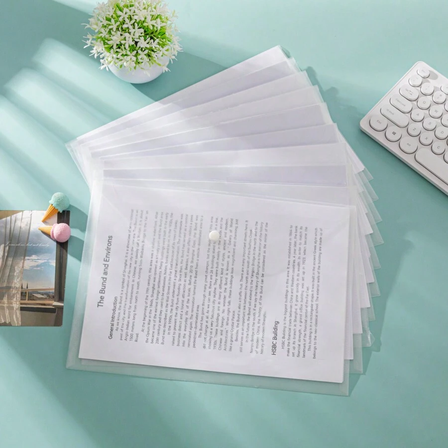 10pcs A4 Plastic Document Bags With Button Closure, Large Capacity