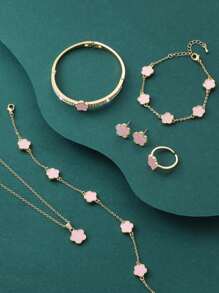 7 件/套简约、时尚、奢华的铜质五叶草项链、手链、脚链、耳钉、戒指、方晶锆石手镯，非常适合女性约会、婚礼、毕业典礼以及作为情人节、妈妈、母亲、母亲节、礼物