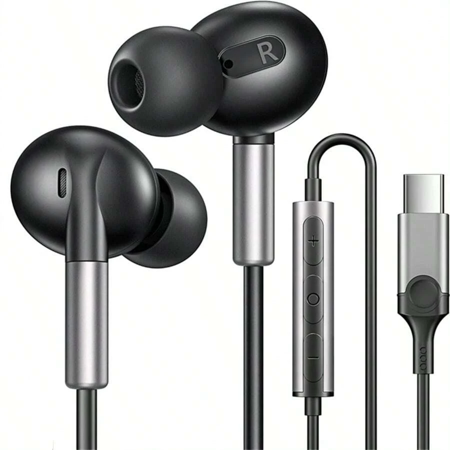 可兼容三星Galaxy S23 Ultra S22 S21 FE S20 A54 A53的USB C耳機，附麥克風入耳式有線耳機，兼容iPhone 15 Pro Max，iPad Plus，Pixel 8 7 6a 5的USB Type C耳機 - 黑色 - 查看 1