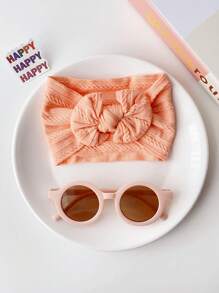 2件套新款可爱纯色蝴蝶结发箍和圆形时尚眼镜配饰套装，适合男宝宝和女宝宝，仅含卡片展示，不含运费。 - 粉色 - 查看 3