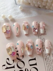 10入組高端精緻手工假指甲,中長t字形設計,馬卡龍糖果色,法式邊緣,水晶蝴蝶、彩色寶石,3d立體裝飾可貼上,時尚甲片套裝,適用於節日、派對和日常穿著 - 彩色 - 查看 2
