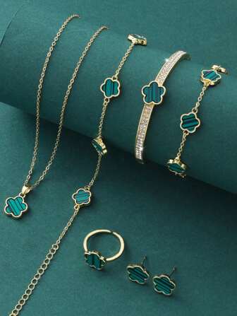 7pcs/Set Simple & Fashionable & Luxury Five Petals Flower Copper Jewelry Suits (Including Necklace, Bracelet, Anklet, Earrings, Ring, Stone Bangle) For Women, Best Gift For Date, Wedding, Graduation Valentines,Mom,Mother,Mother's Day,Gift