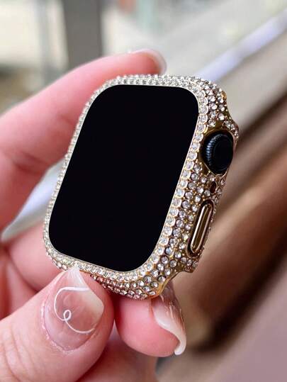 1pc Fashionable Shiny Crystal Diamond Decorated 2-In-1 Anti-Drop Ultra-Thin Tempered Glass Protective Case, Compatible With Apple Watch 38/40/41/42/44/45/46mm, Suitable For Apple Watch SE/11/10/9/8/7/6/5/4/3/2/1 Series, Smart Watch Protective Case Accessory