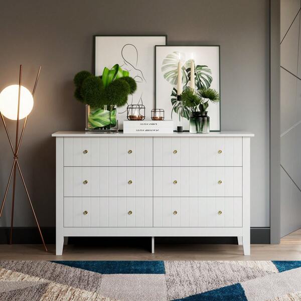 Furchen Cômoda Branca com 6 Gavetas, Aparador com Muito Espaço de Armazenamento, Armário Multiuso para Sala, Quarto, Corredor 133x45x79,5 cm