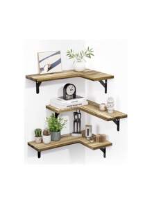 Flotantes Juego de 3 Piezas de Repisas Esquineras de Pared con Soportes de Metal y Tornillos para esquinero para Sala, Dormitorio, baño, Cocina etc. - Marrón - Ver 1