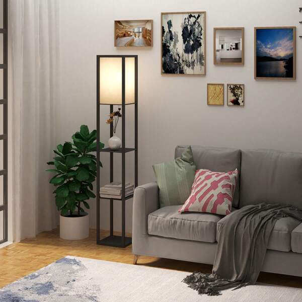 HOMCOM HOMCOM Lampadaire étagère Lampe étagère 26L x 26l x 160H cm 3 étagères 4 Niveaux MDF Noir