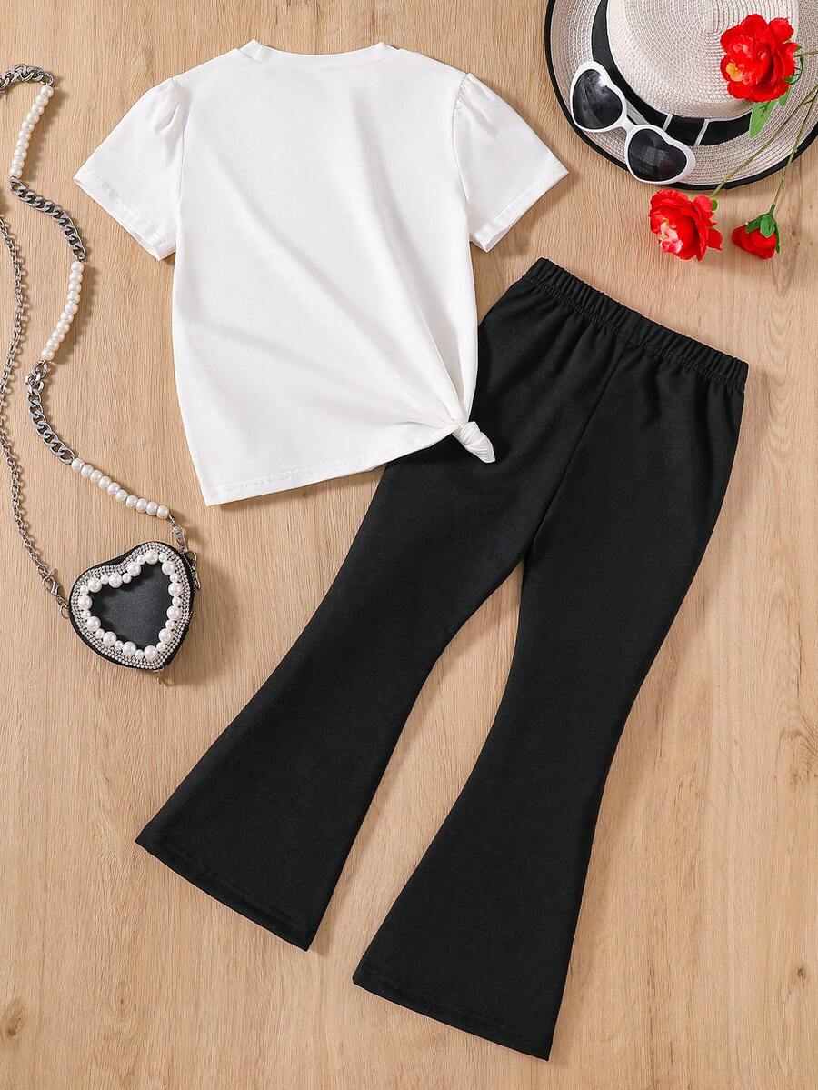 Young Girl Heart Graphic Print Short Sleeve TShirt And BellBottom