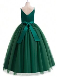 优雅深绿色 V 领花童礼服，带蝴蝶结，适合婚礼、派对、舞会、生日、毕业典礼、夏季 - 墨綠色 - 查看 3