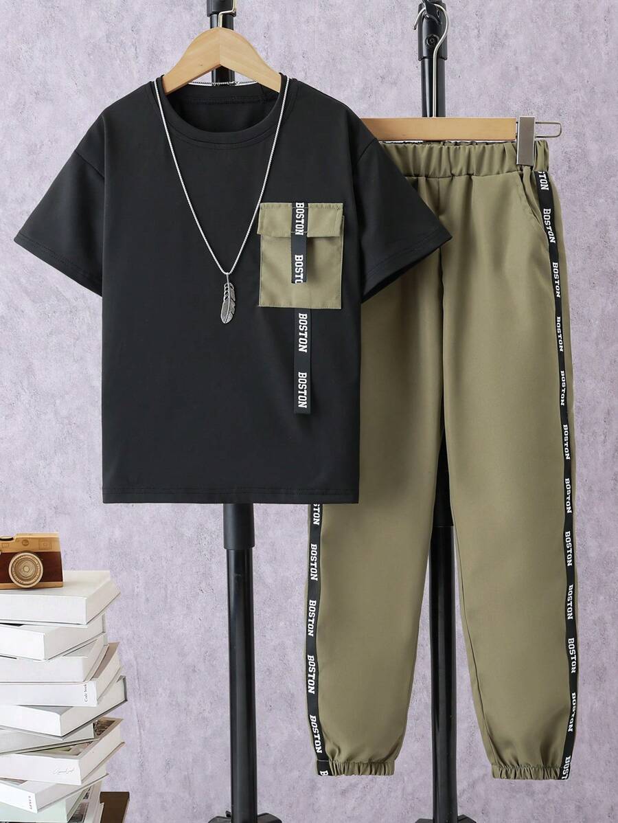 Tween Boy Printed Weave Tape Mechanic Style Two-Piece Set - Black - View 1