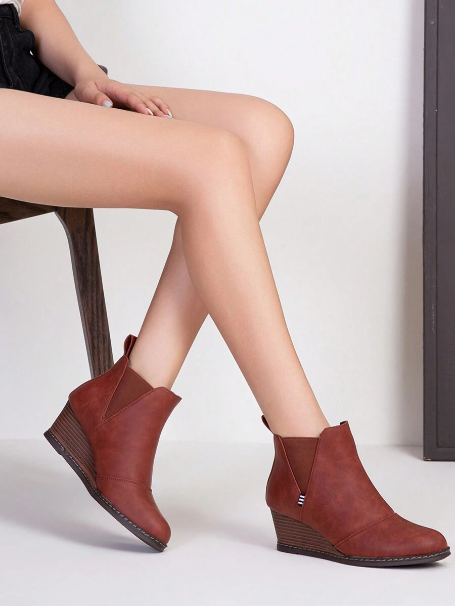Comfyshoes Women's Ankle Boots, Wedge Heel Booties, Casual Shoes For Women - 酒紅色 - 查看 1