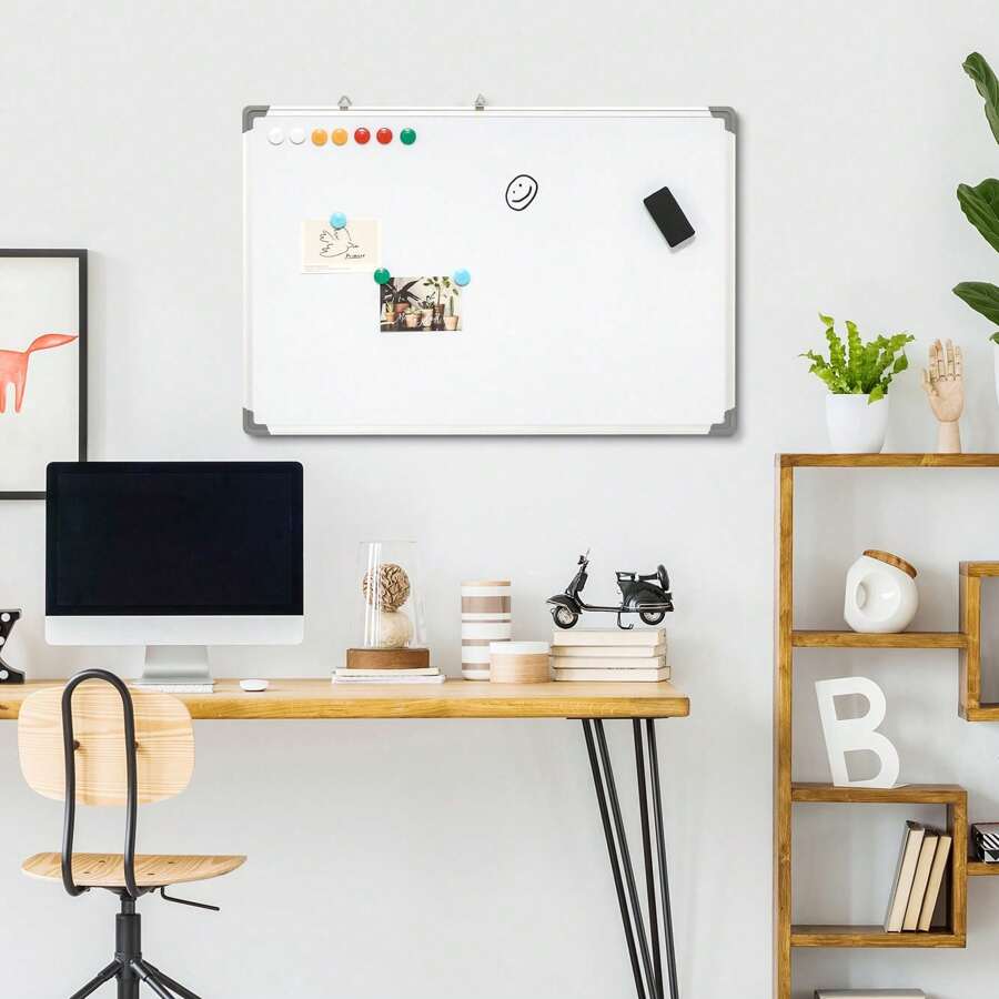 HOMCOM Tableau blanc magnétique cadre aluminium 90 x 60 cm avec feutres, effaceur et aimants - Blanc - Voir 1