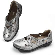Womens Moccasins Leather Loafers Ladies Slip On Slippers Closed Toe Sandals Lightweight Casual Shoes - 銀色 - 查看 5