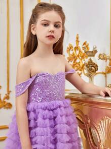 Tween Girl Off-Shoulder Sequined Mesh Hem Party Dress - Mauve Purple - View 7