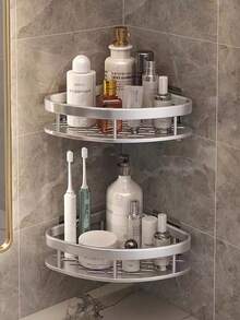 1 Pieza Estantería Para Baño Con Forma De Triángulo Sin Taladrar, Estante De Almacenamiento Adhesivo De Pared Para Champú Y Gel De Ducha, Estante De Esquina Multifuncional Para La Organización Del Baño En El Hogar - Plateado - Ver 2
