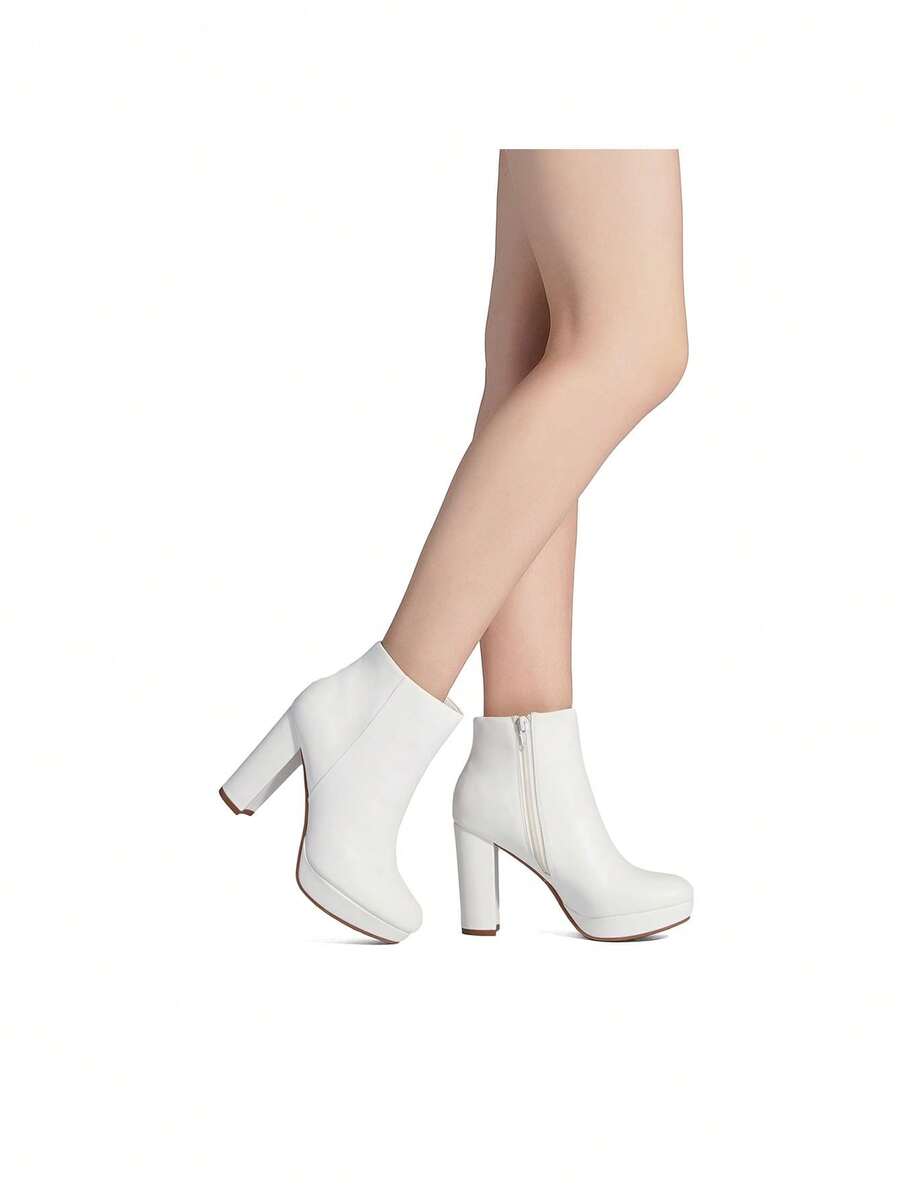 Women Fashionable Side Zipper Round Toe Block Chunky High Heel Suede