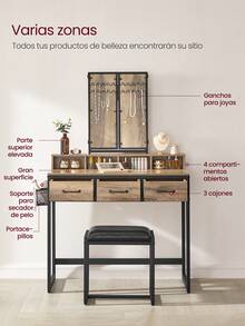 VASAGLE tocador con Espejo Plegable de 3 Piezas, Soporte para secador de Pelo, Mesa cosmética con Taburete Acolchado, 3 cajones, diseño Industrial, Greige y Negro - Gris - Ver 3