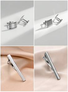 4 Juegos de Gemelos y Clip de Corbata de Material de Latón con Esmalte Pulido y Cepillado en Negro Clásico y Plateado, Viene con Caja de Regalo, Accesorio de Moda Masculina para Atuendo de Negocios, Regalo para Esposo, Combinación para Fiesta