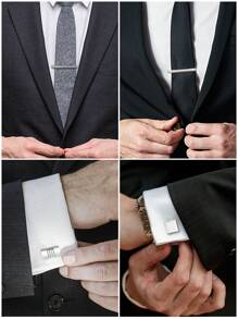 4 Juegos de Gemelos y Clip de Corbata de Material de Latón con Esmalte Pulido y Cepillado en Negro Clásico y Plateado, Viene con Caja de Regalo, Accesorio de Moda Masculina para Atuendo de Negocios, Regalo para Esposo, Combinación para Fiesta