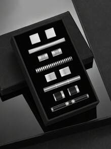 4 Juegos de Gemelos y Clip de Corbata de Material de Latón con Esmalte Pulido y Cepillado en Negro Clásico y Plateado, Viene con Caja de Regalo, Accesorio de Moda Masculina para Atuendo de Negocios, Regalo para Esposo, Combinación para Fiesta