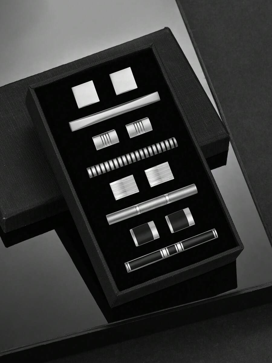 4 Juegos de Gemelos y Clip de Corbata de Material de Latón con Esmalte Pulido y Cepillado en Negro Clásico y Plateado, Viene con Caja de Regalo, Accesorio de Moda Masculina para Atuendo de Negocios, Regalo para Esposo, Combinación para Fiesta