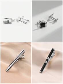4 Juegos de Gemelos y Clip de Corbata de Material de Latón con Esmalte Pulido y Cepillado en Negro Clásico y Plateado, Viene con Caja de Regalo, Accesorio de Moda Masculina para Atuendo de Negocios, Regalo para Esposo, Combinación para Fiesta