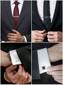 4 Juegos de Gemelos y Clip de Corbata de Material de Latón con Esmalte Pulido y Cepillado en Negro Clásico y Plateado, Viene con Caja de Regalo, Accesorio de Moda Masculina para Atuendo de Negocios, Regalo para Esposo, Combinación para Fiesta