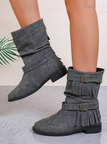 Women's Fringed Suede Boots, Chunky Heel Western Cowboy Boots, Mid-Calf Plus Size Stacked Boots - Grey - View 4